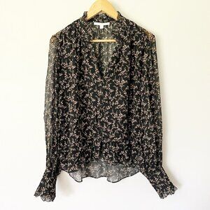 Jonathan Simkhai Blouse Size Medium Button Up Floral Sheer Silk Romantic Black